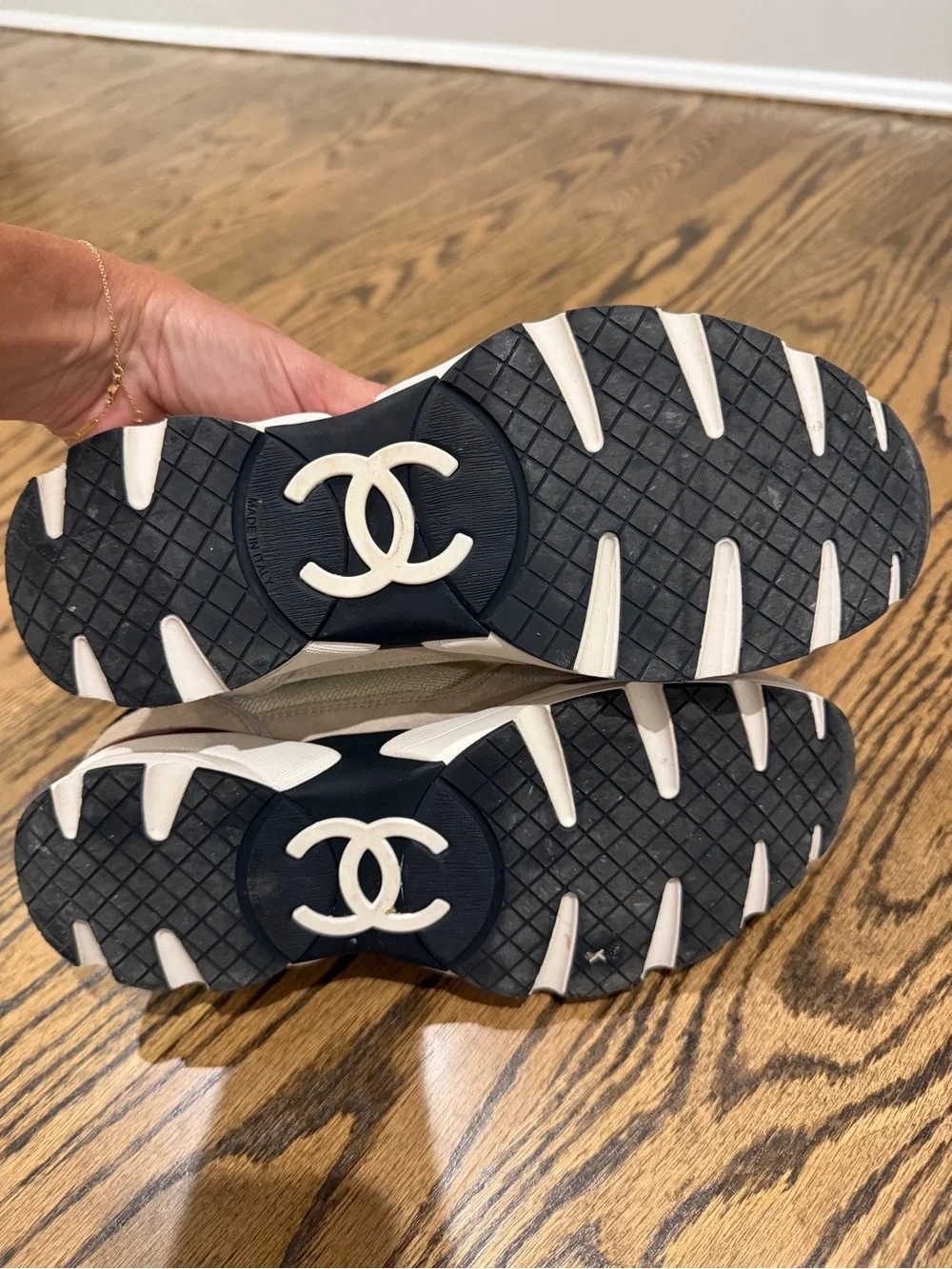 CHANEL Black, White & Beige CC Logo Lace-Up Sneakers